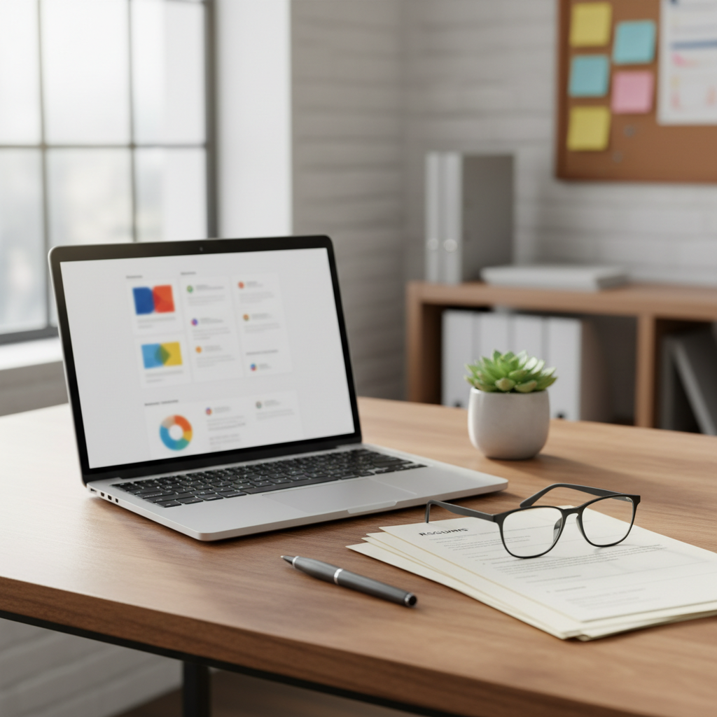 A carefully arranged desktop scene symbolizing recruiting and hiring support, with no people present: a sleek silver laptop displaying an abstract dashboard of candidate profiles (unreadable and icon-based), beside a neatly stacked pile of printed resumes with visible but illegible lines. A pair of stylish, black-framed eyeglasses rests atop the resumes, next to a fine-tip pen and a small potted plant. The desk is a warm wooden surface, set near a large window with diffused daylight creating a soft, even glow. The background fades into a tasteful blur of office shelves and a bulletin board with color-coded sticky notes. Photographic realism, shot from a slightly elevated angle with shallow depth of field, conveys focus, diligence, and supportive HR expertise for small businesses and nonprofits.