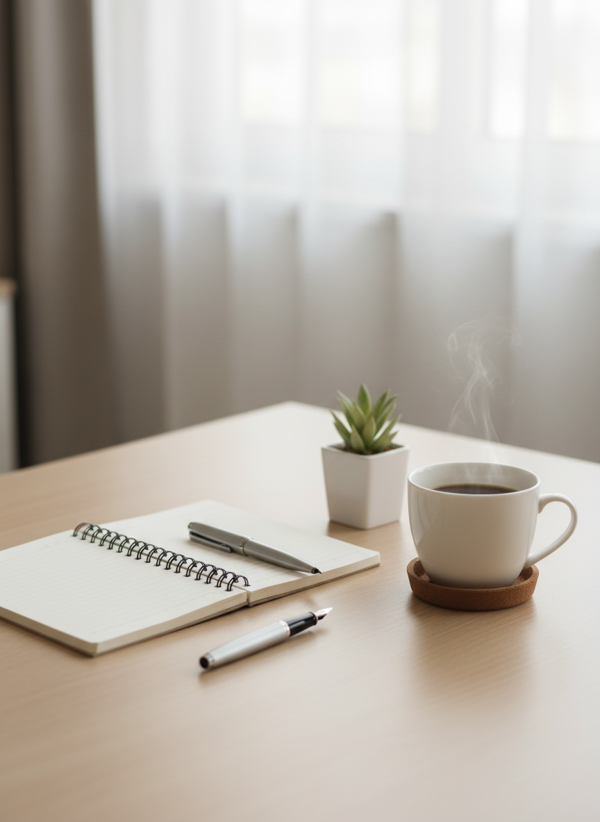 HR desk with notebook and coffee