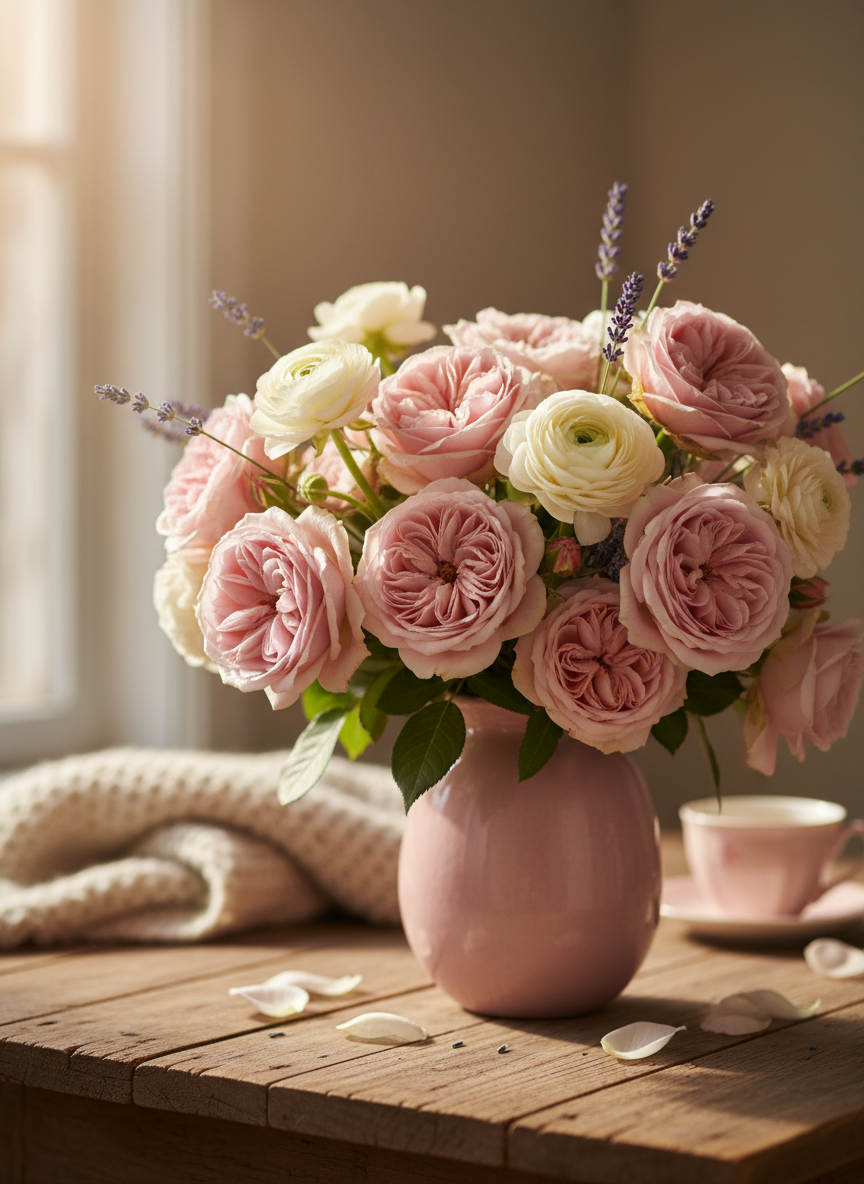 A warm, inviting close-up of fresh flowers in a soft vase on a wooden table, natural light, warm tones of blush pink, cream, and soft lavender, cozy and welcoming atmosphere