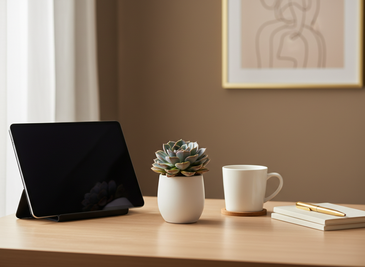 A lush green potted plant or small succulent on a clean desk, soft natural light, minimal and professional setting, warm neutral tones, no people