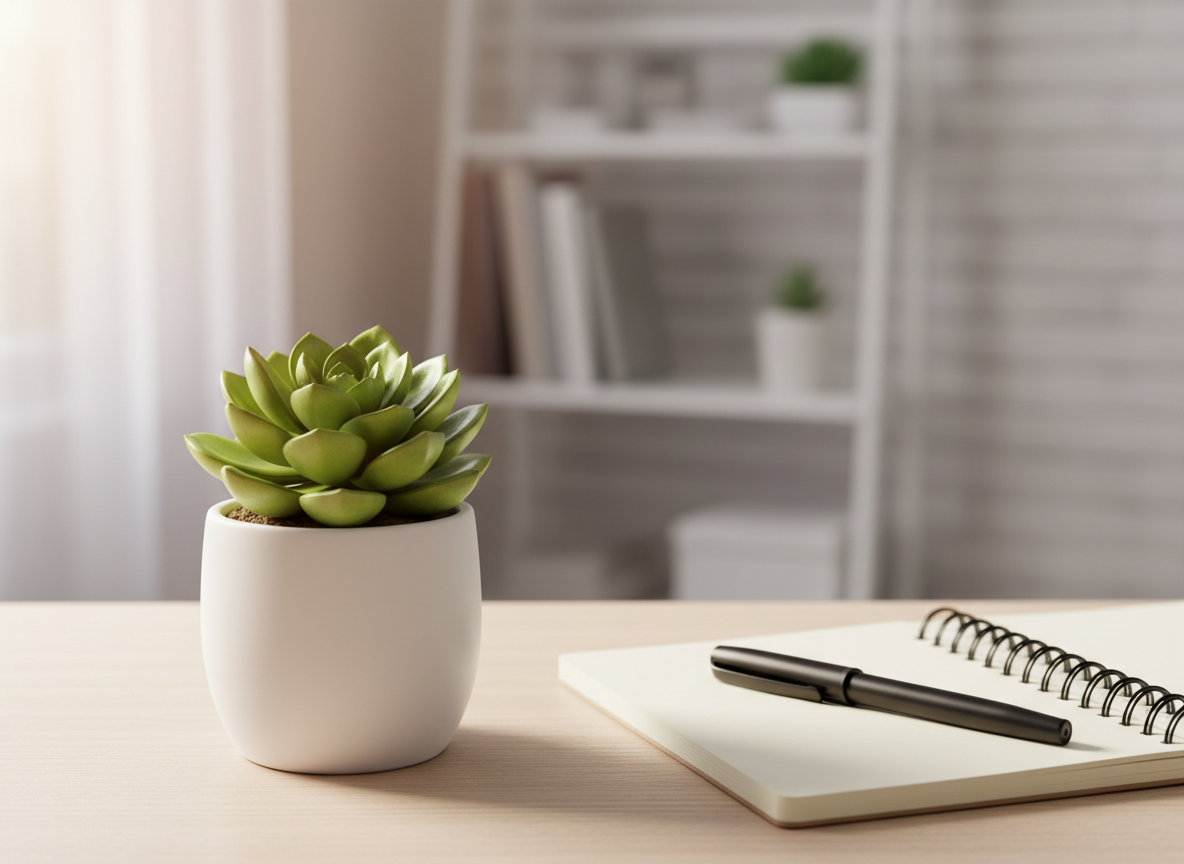 A small green succulent or leafy plant on a clean wooden desk beside a notebook, soft natural light, warm and professional atmosphere, no people