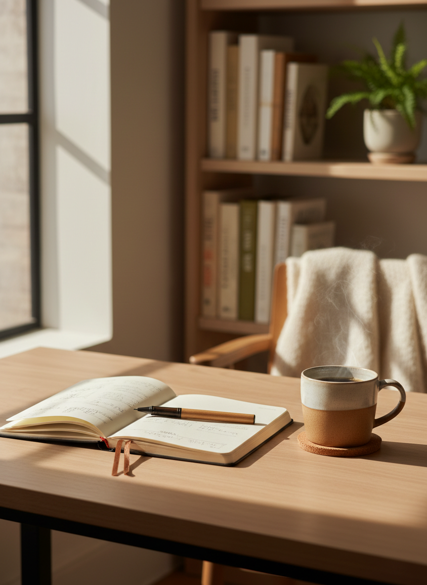A warm, inviting desk scene with an open notebook, a cup of coffee, and soft natural light, clean and professional, warm neutral tones, no people