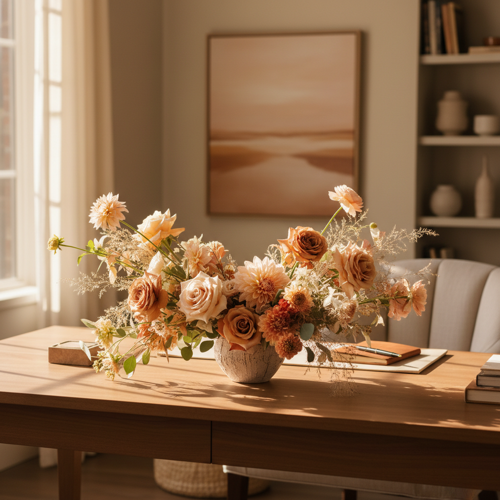 A warm, professional floral photograph for the About Me page: abundant soft peach, cream, blush, and muted terracotta flowers arranged naturally in a welcoming HR consulting workspace, warm sunlight, elegant and approachable, refined editorial photography, no people, no text, no logos.