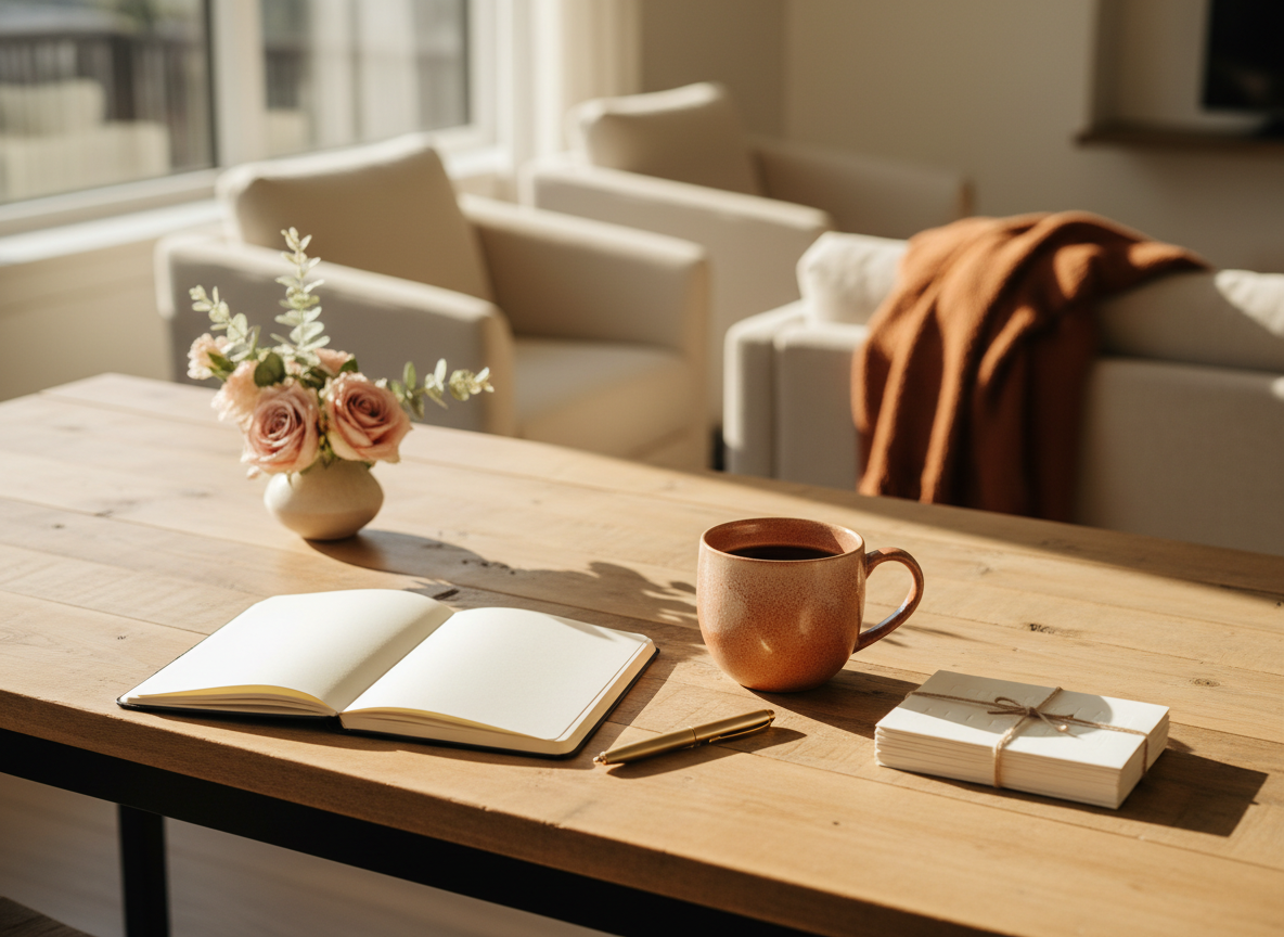 A warm, professional wide-format photograph of a welcoming HR consulting desk: wooden desk surface, open notebook, ceramic coffee mug, tasteful stationery, soft floral accents, warm natural sunlight, cozy cream and terracotta palette, elegant editorial photography, no people, no text, no logos. Compose as a wide landscape image with generous horizontal space.